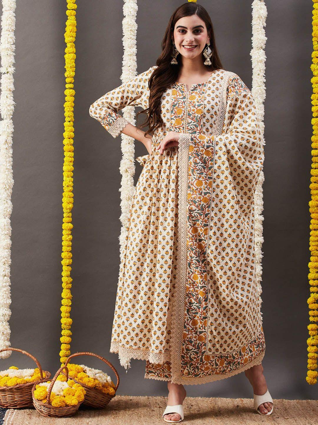 fashor women off white floral printed pleated pure cotton kurta with trousers & with dupatta