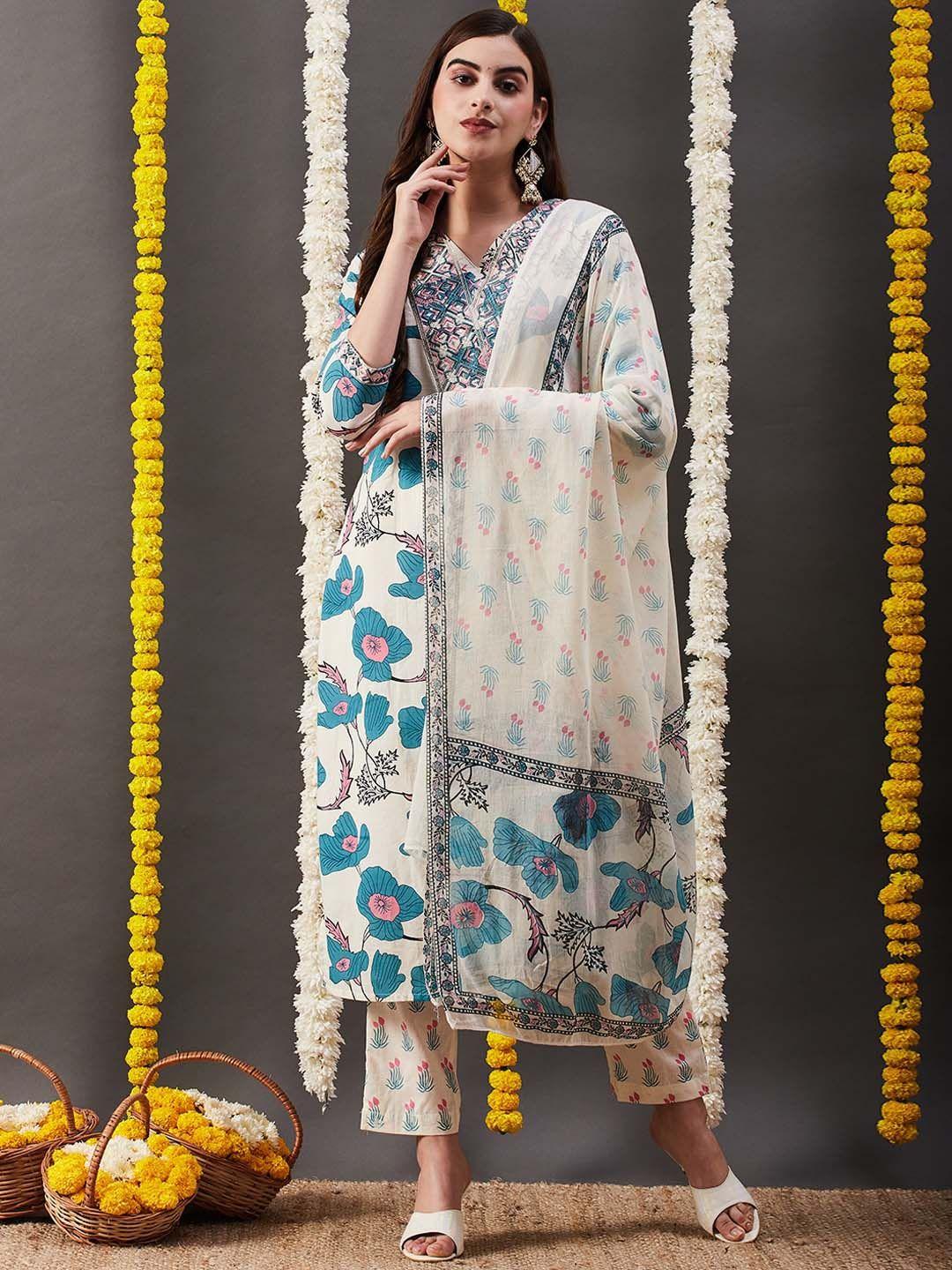 fashor women off white floral printed regular sequinned pure cotton kurta with trousers & with dupatta