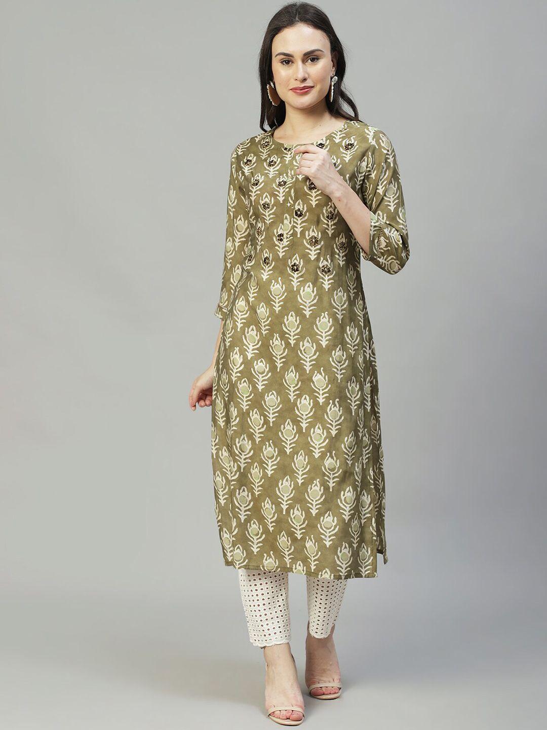 fashor women olive green & off white printed ethnic motifs embroidered kurta