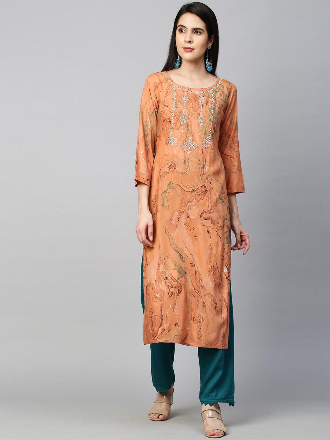fashor women orange geometric embroidered cold-shoulder sleeves chikankari kurta