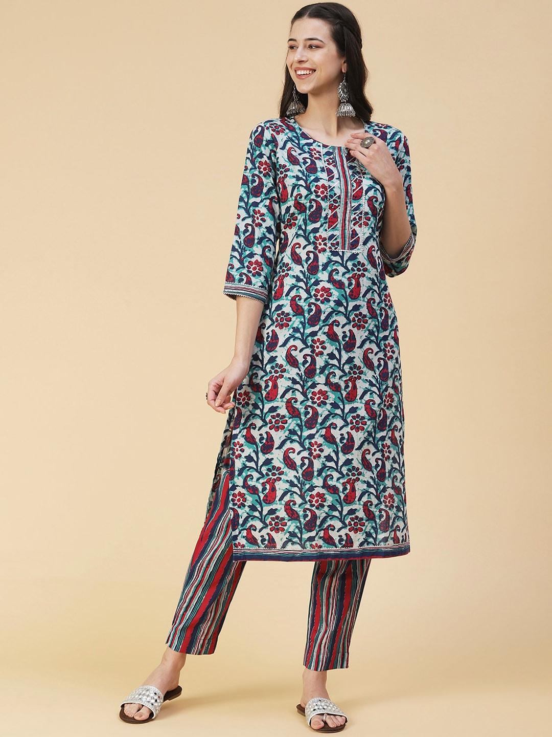 fashor women paisley printed pure cotton kurta with trousers