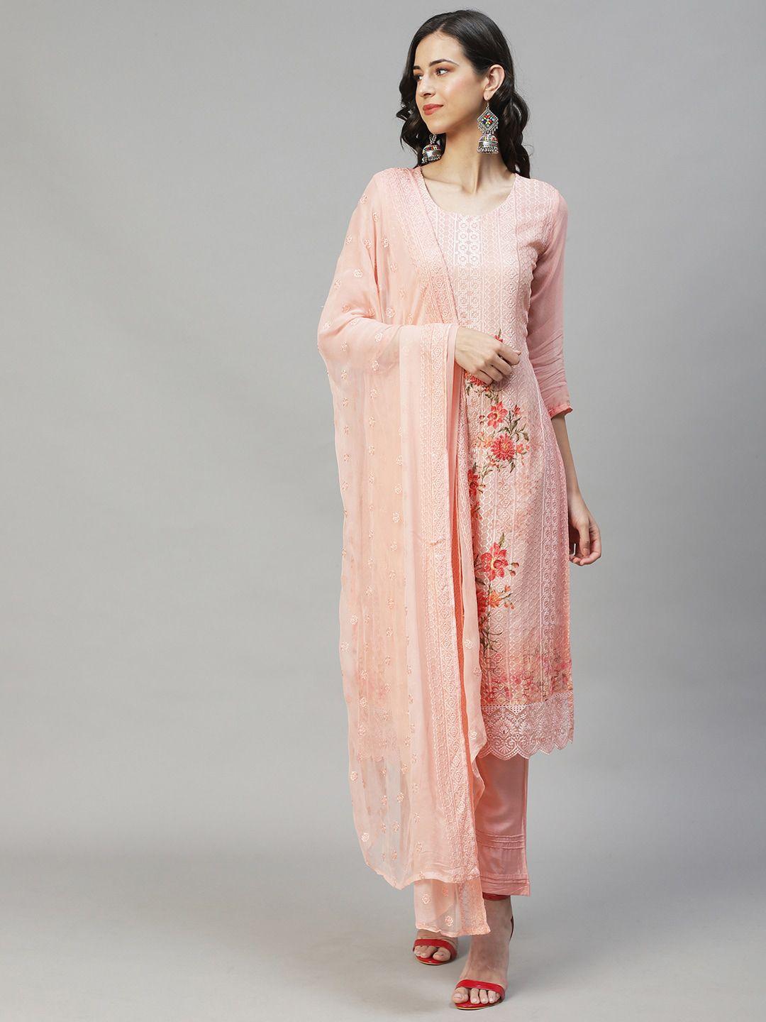 fashor women peach ethnic motifs embroidered sequined kurta with trouser and dupatta
