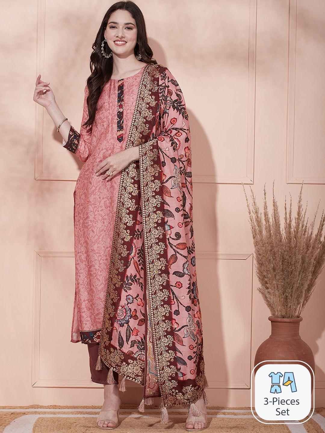 fashor women peach-coloured ethnic motifs printed flared sleeves thread work chanderi silk kurta