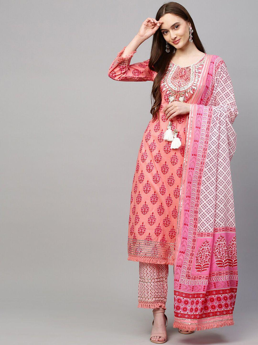 fashor women peach-coloured floral printed thread work pure cotton kurta with palazzos & with dupatta