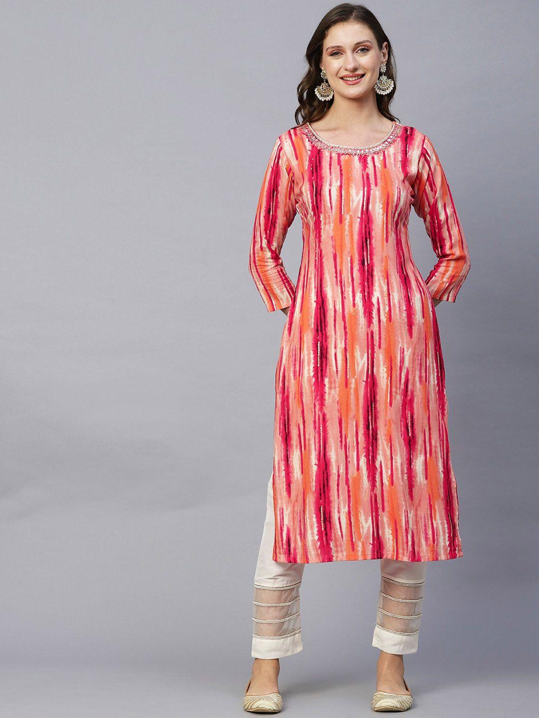 fashor women peach-coloured striped keyhole neck sequinned kurta