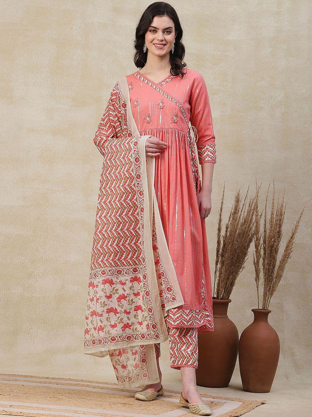 fashor women peach-coloured striped pleated beads and stones pure cotton kurta with trousers & with dupatta