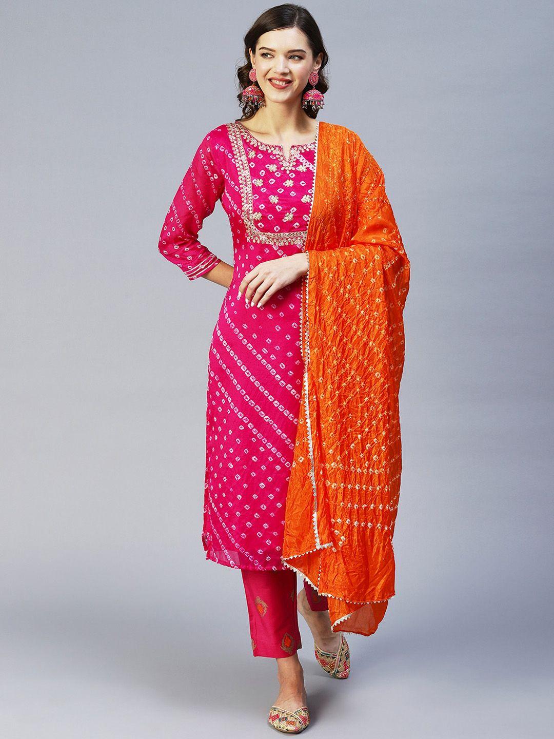 fashor women pink bandhani printed silk chiffon kurta with trousers & with dupatta