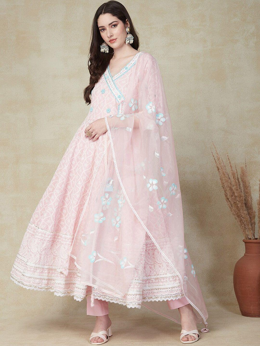 fashor women pink ethnic motifs embroidered empire chikankari pure cotton kurta with trousers & with dupatta