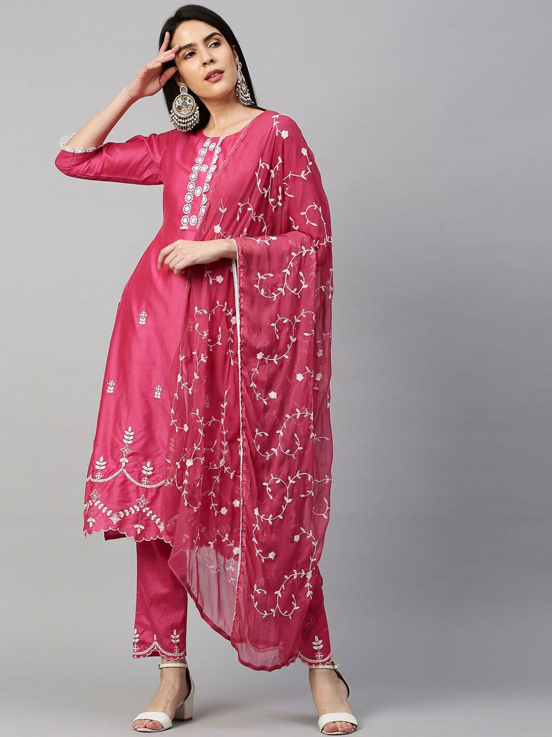 fashor women pink floral embroidered thread work chanderi cotton kurta with trousers & with dupatta
