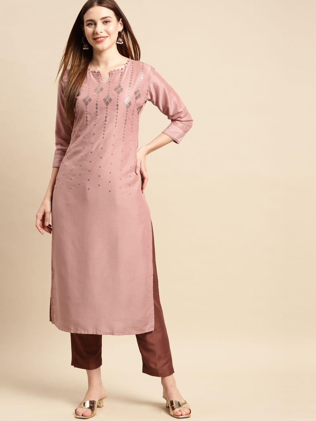 fashor women pink sequinned silk crepe kurta with trousers
