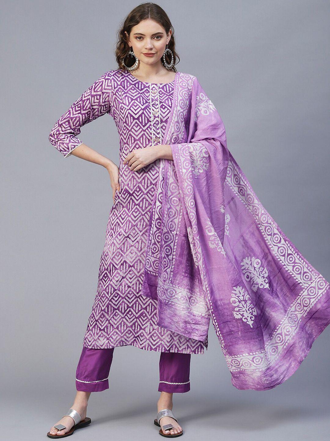 fashor women purple ethnic motifs printed chanderi silk kurta with trousers & dupatta