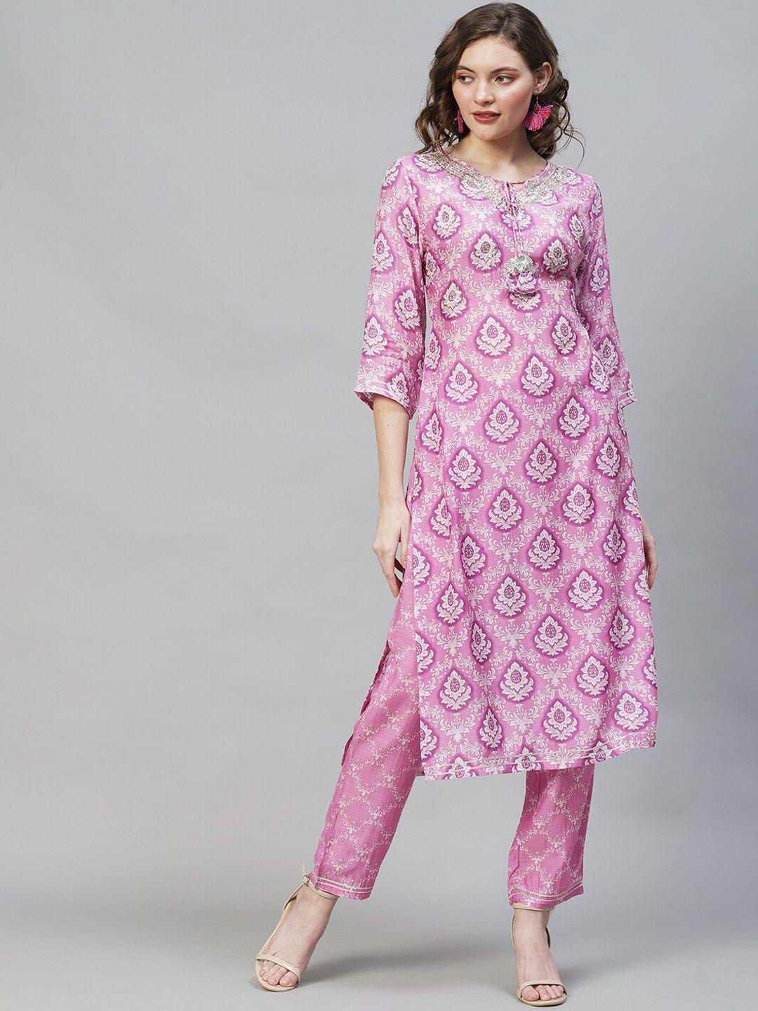 fashor women purple ethnic motifs printed kurta with trousers