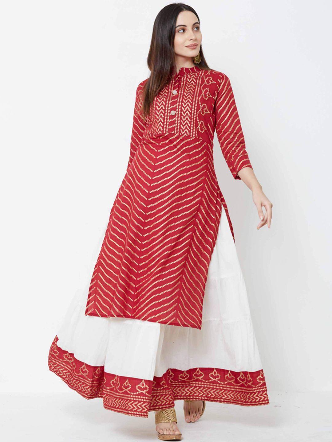 fashor women red embroidered panelled pure cotton kurta with skirt