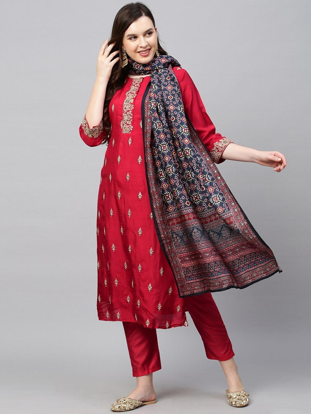 fashor women red ethnic motifs embroidered layered top with skirt & with dupatta