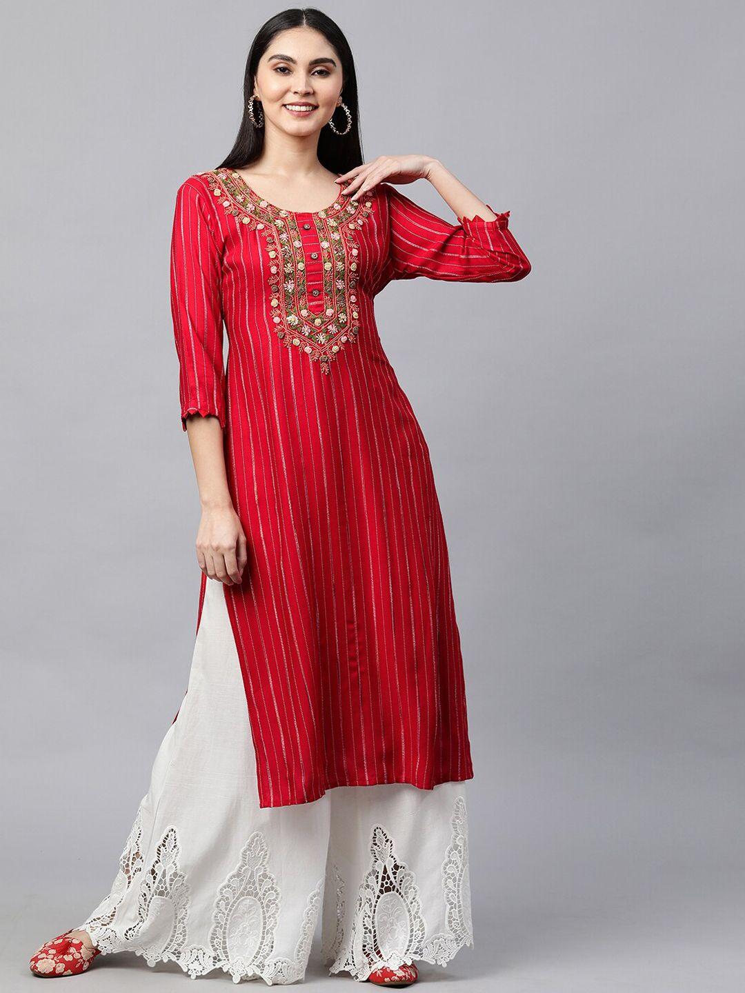 fashor women red ethnic motifs striped straight kurta