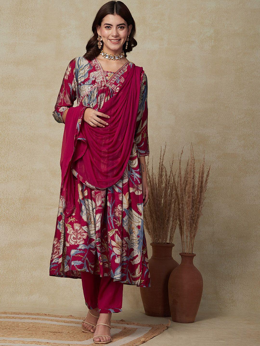 fashor women red floral printed pleated beads and stones kurta with trousers & with dupatta