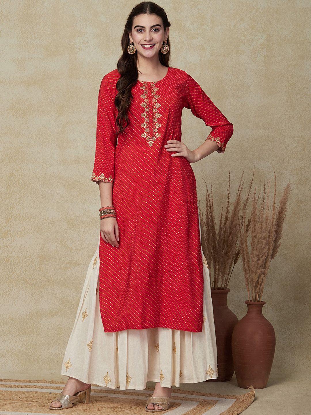 fashor women red geometric embroidered flared sleeves mirror work kurta