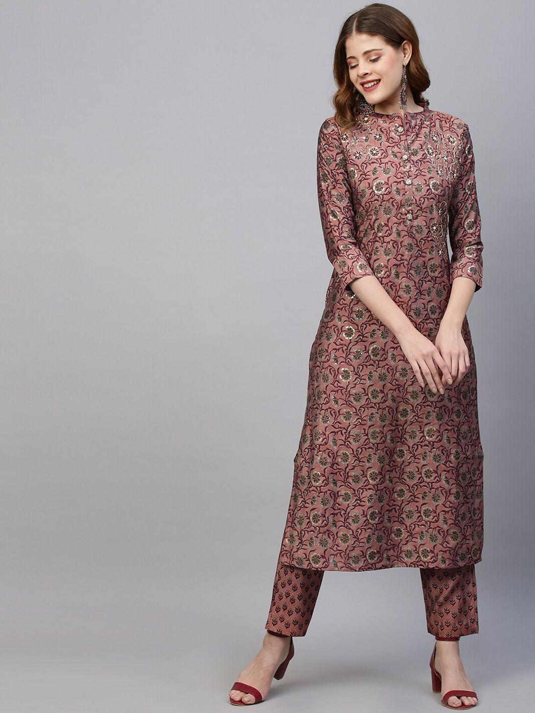 fashor women rose floral printed sequinned kurta with trousers