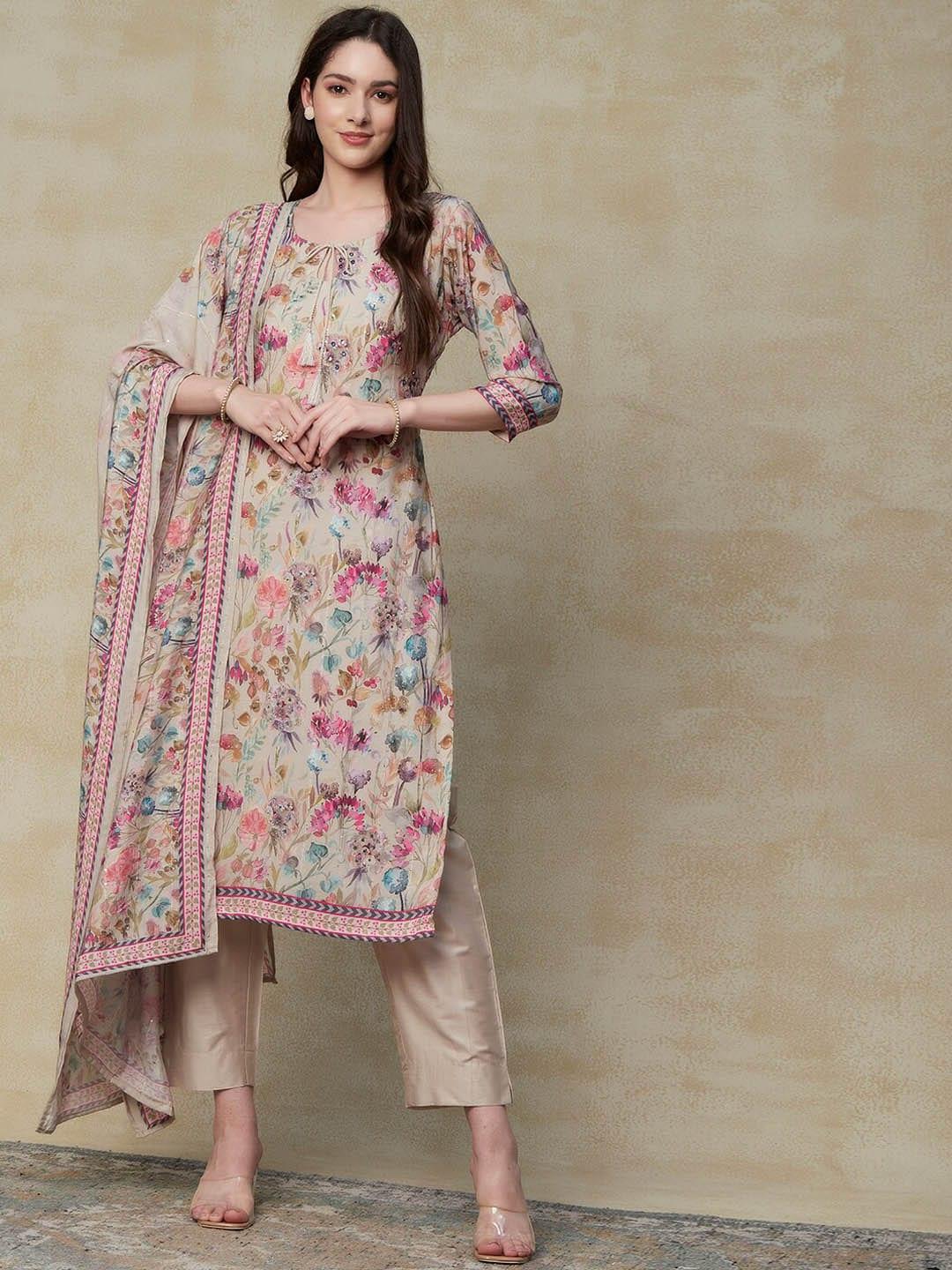 fashor women taupe floral printed regular sequinned kurta with trousers & with dupatta