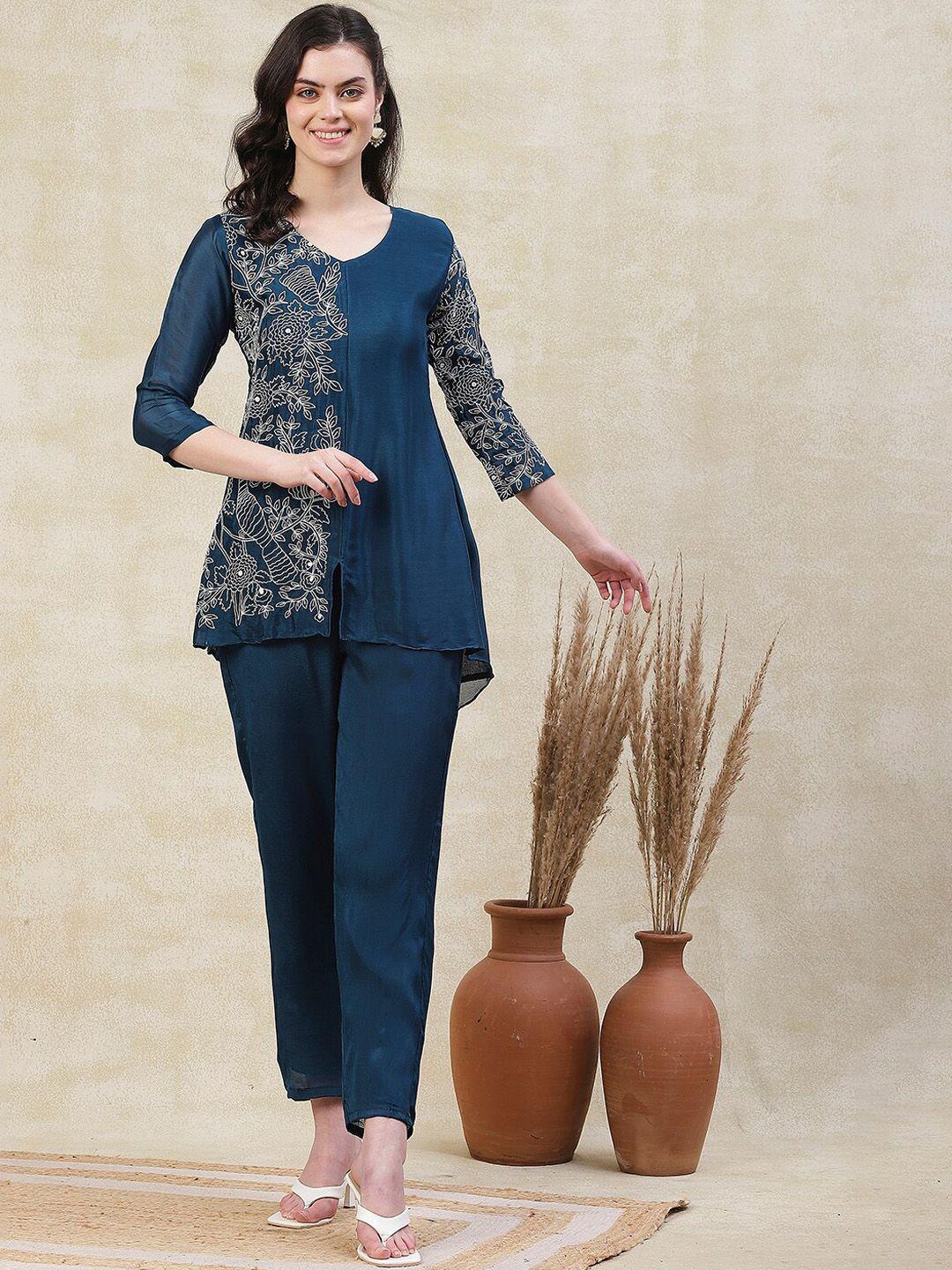 fashor women teal floral embroidered regular thread work kurti with trousers