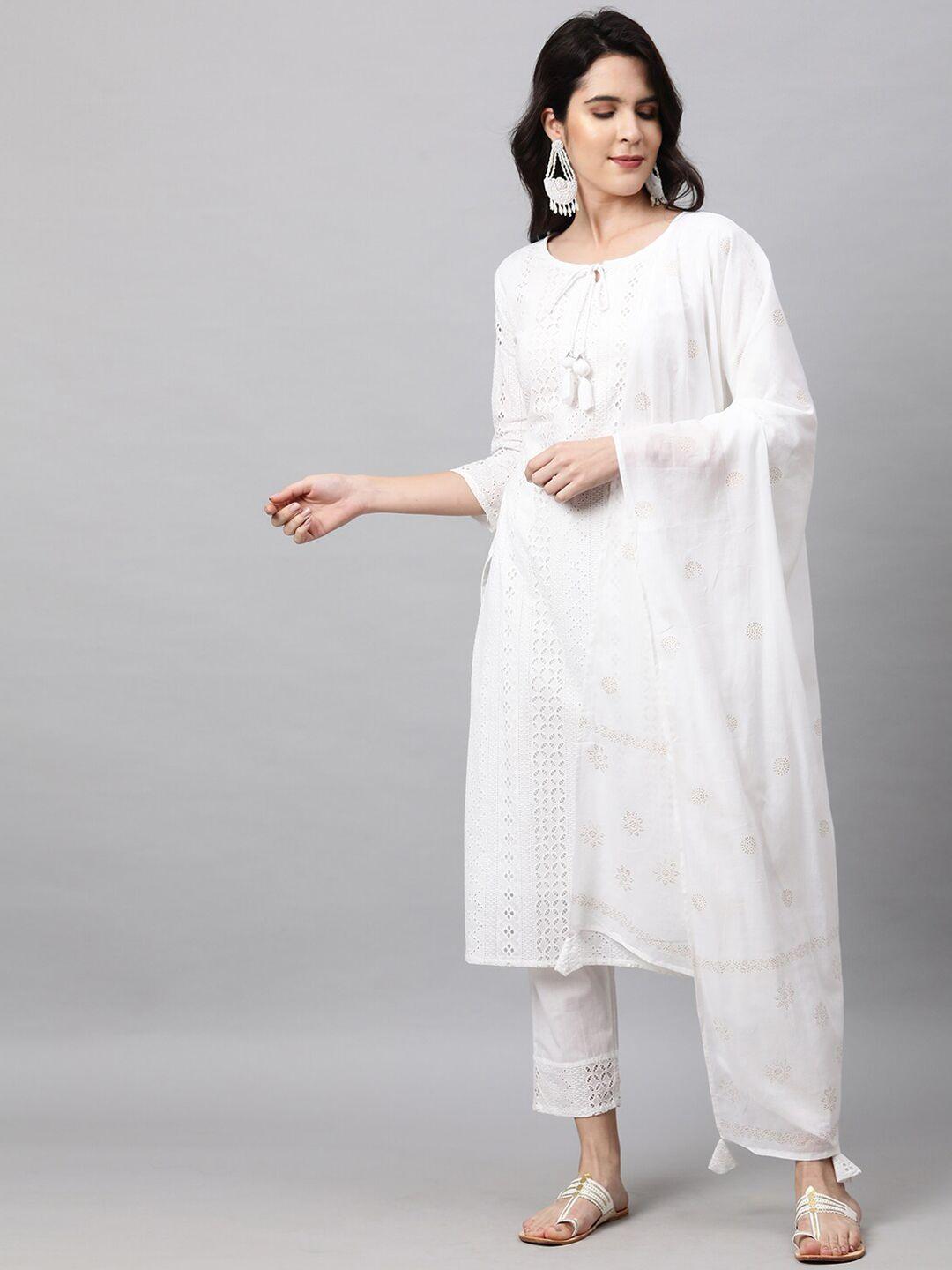 fashor women white floral chikankari pure cotton kurta with trousers & with dupatta