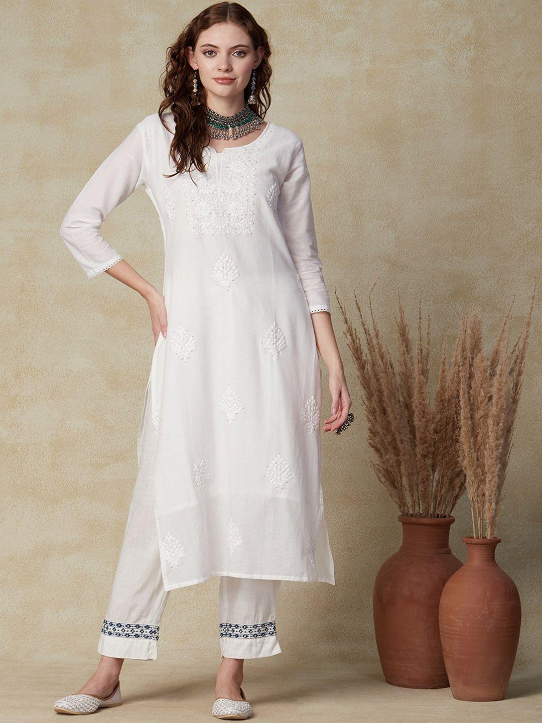 fashor women white geometric flared sleeves chikankari kurta