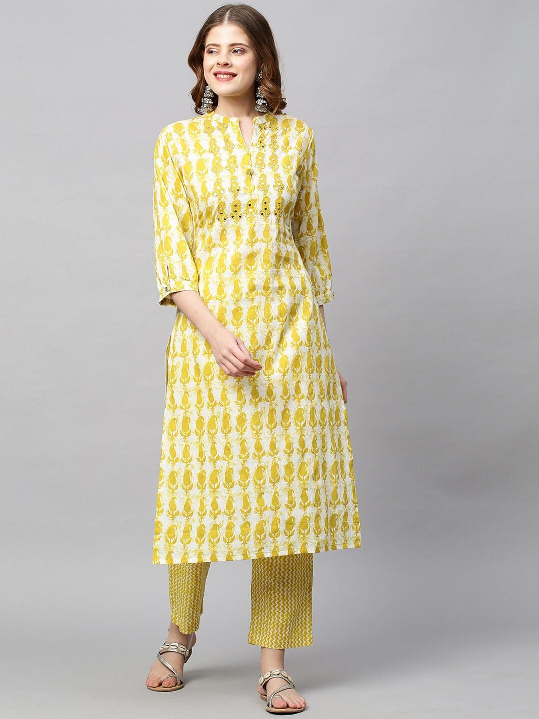 fashor women yellow floral printed mirror work pure cotton kurta with trousers