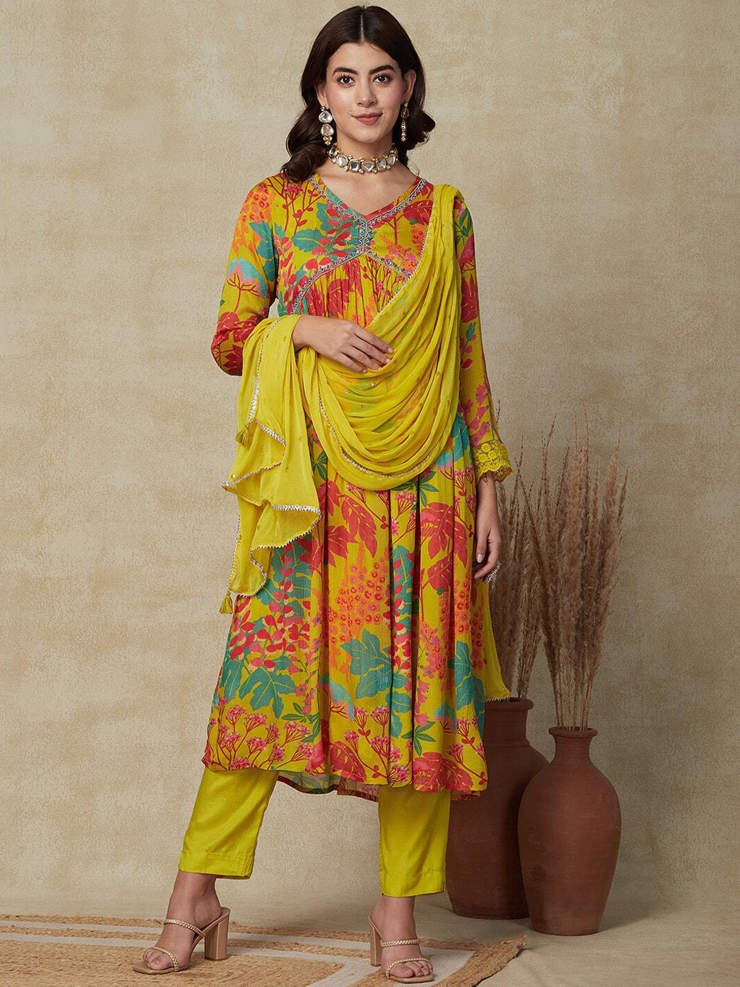 fashor women yellow floral printed pleated beads and stones kurta with trousers & with dupatta