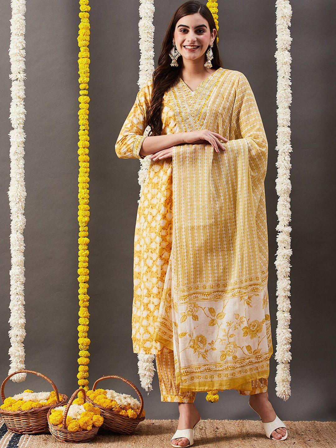 fashor women yellow floral printed regular sequinned pure cotton kurta with trousers & with dupatta