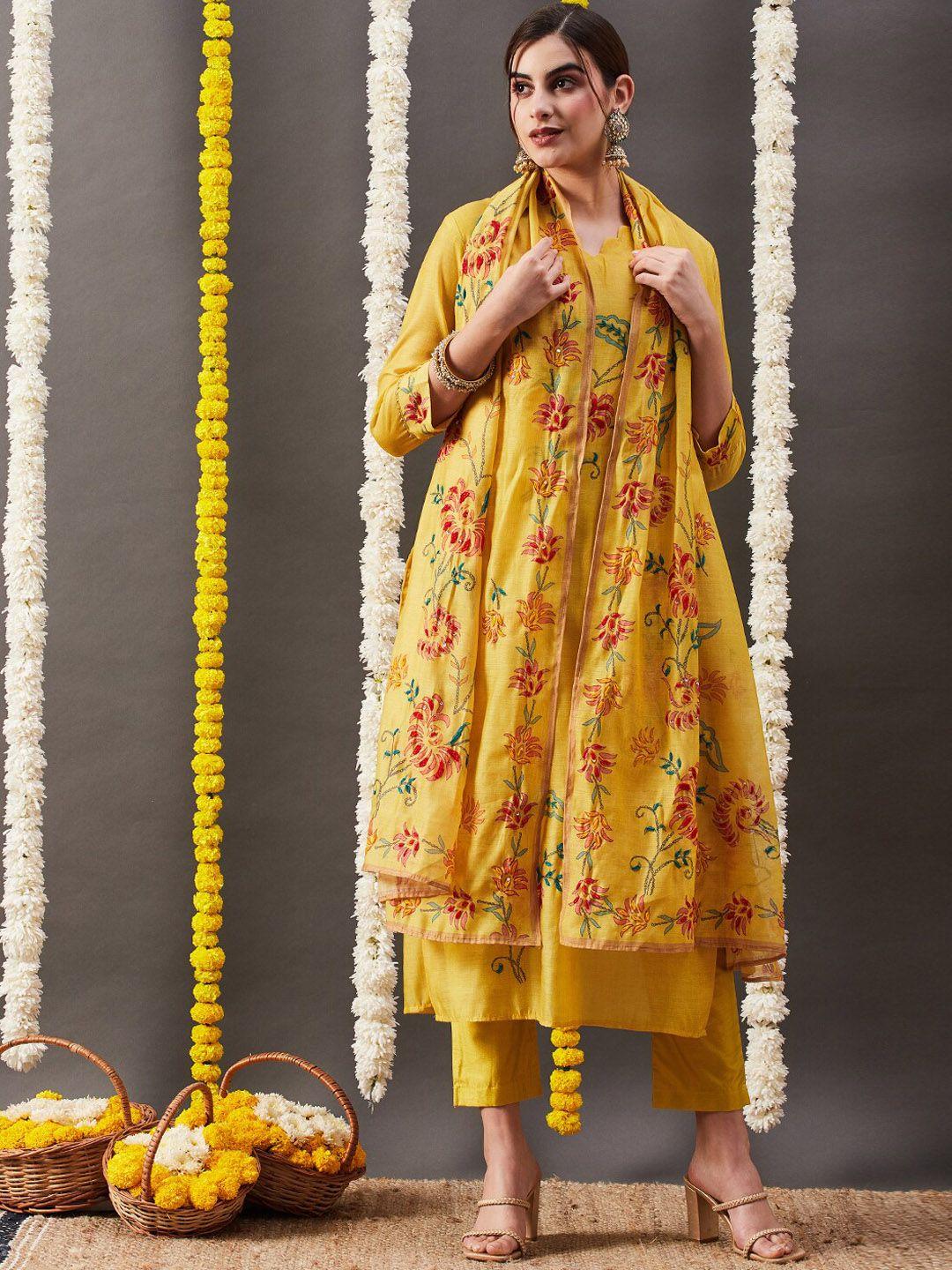fashor women yellow floral printed regular thread work chanderi silk kurta with trousers & with dupatta