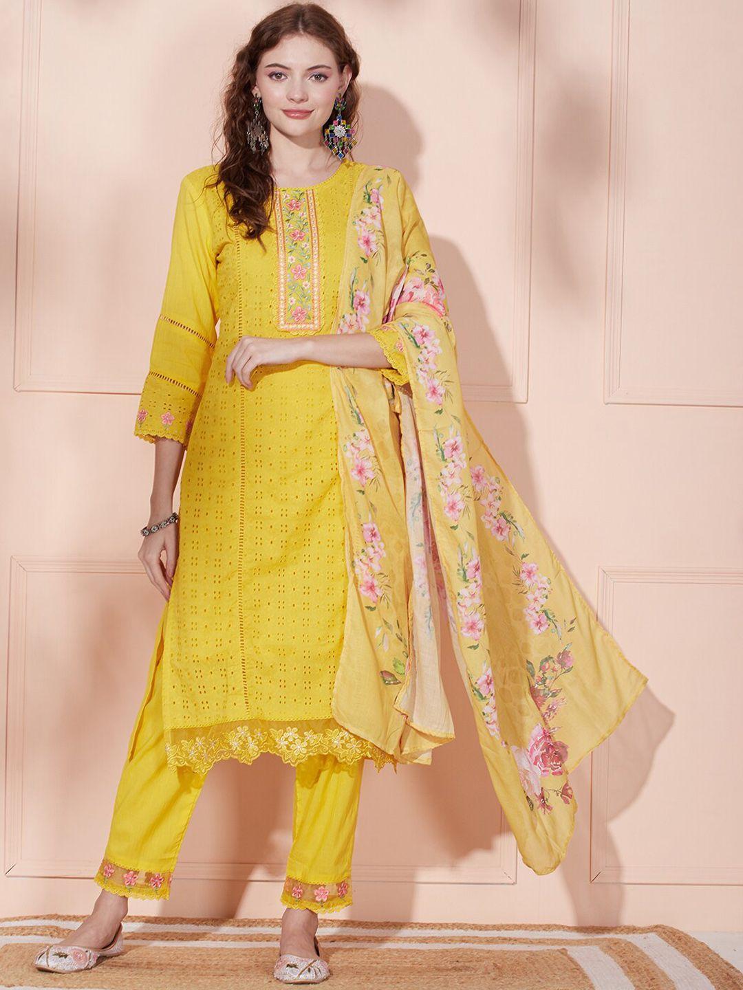 fashor women yellow floral printed regular thread work pure cotton kurta with trousers & with dupatta