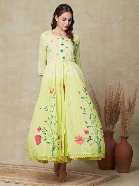 fashor yellow cotton floral print maxi dress