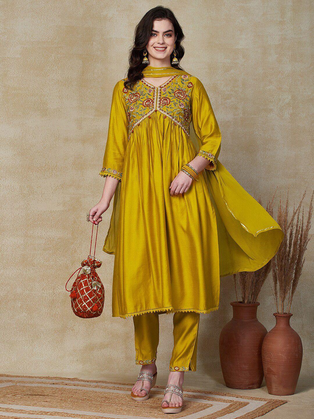 fashor yellow floral embroidered mirror work empire kurta with trousers dupatta