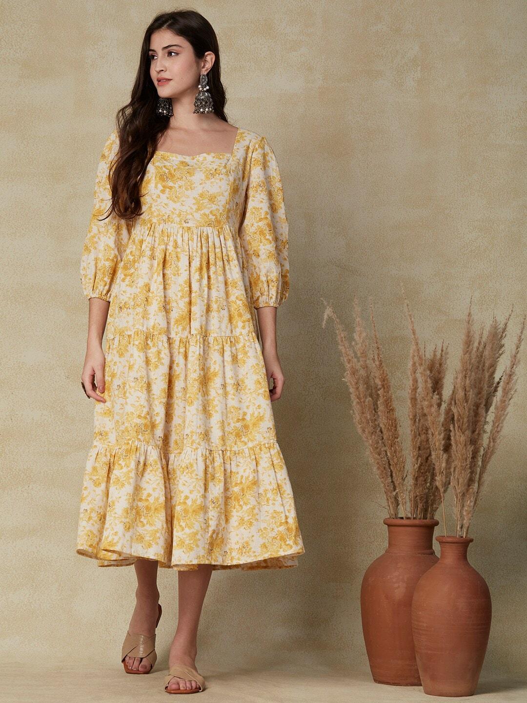 fashor-yellow-floral-printed-puff-sleeves-tiered-gathered-a-line-midi-dress