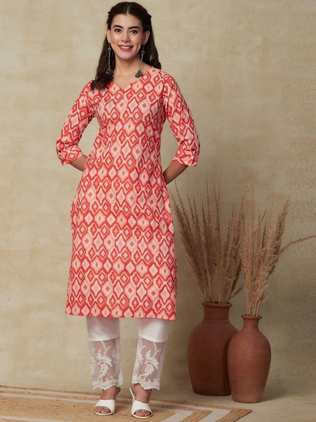 fashor  ethnic motifs printed roll up sleeves straight cotton kurta