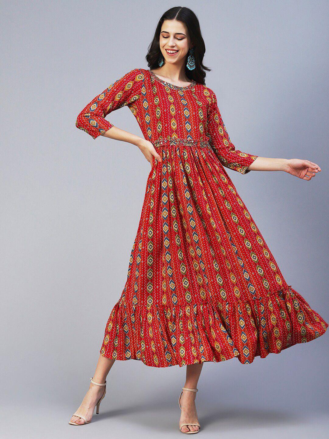 fashor  ethnic printed flounce fit & flare dress