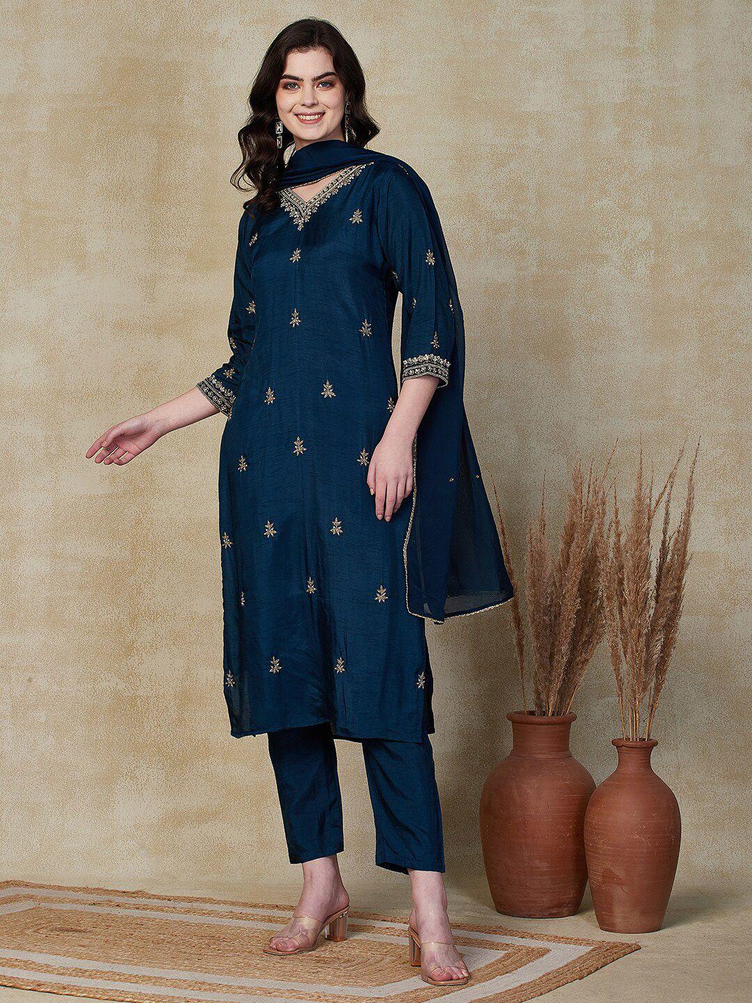 fashor  floral embroidered regular zardozi kurta with trousers & dupatta