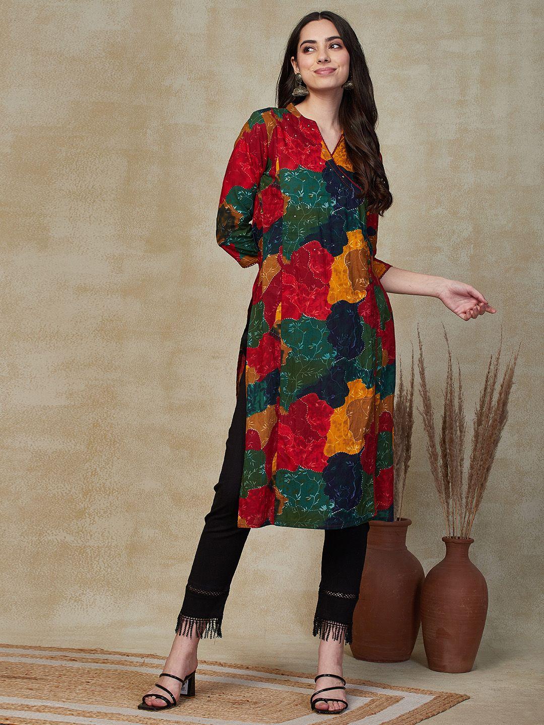 fashor  floral printed cotton sequinned kurta