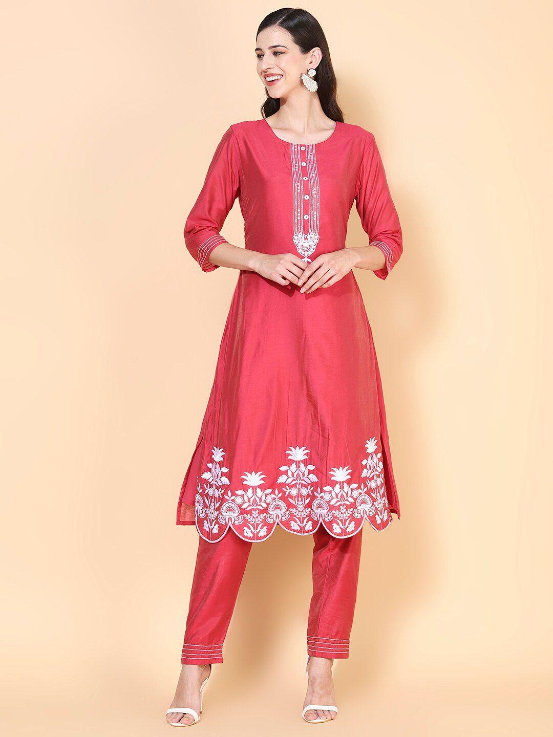 fashor  fuchsia floral embroidered sequinned chanderi silk kurta with trousers