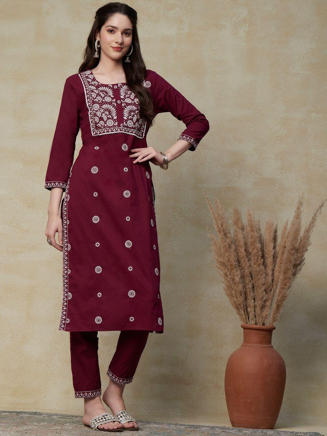 fashor  maroon & white floral embroidered regular pure cotton kurta with trousers