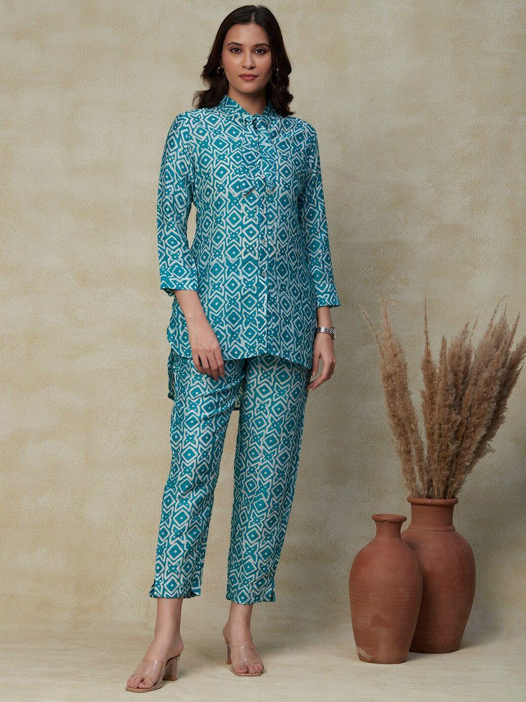 fashor abstract batik printed tie-up neck shirt & trouser