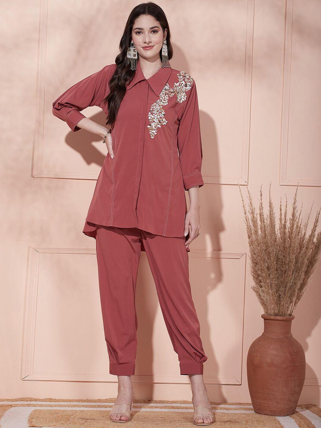 fashor abstract embellished puffed sleeves beads and stones panelled kurti with trousers
