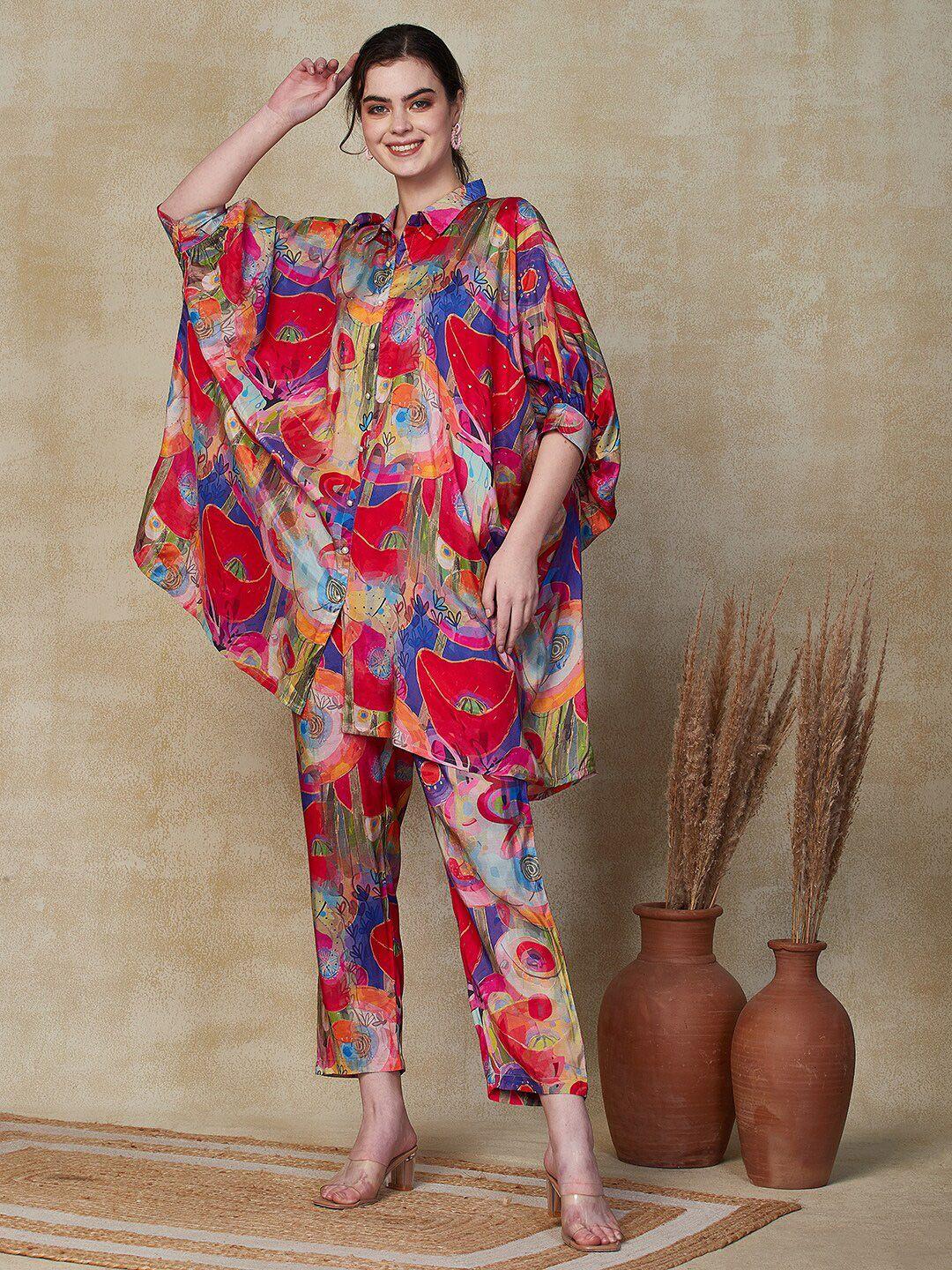 fashor abstract printed kaftan kurta with trousers indo-western co-ord set