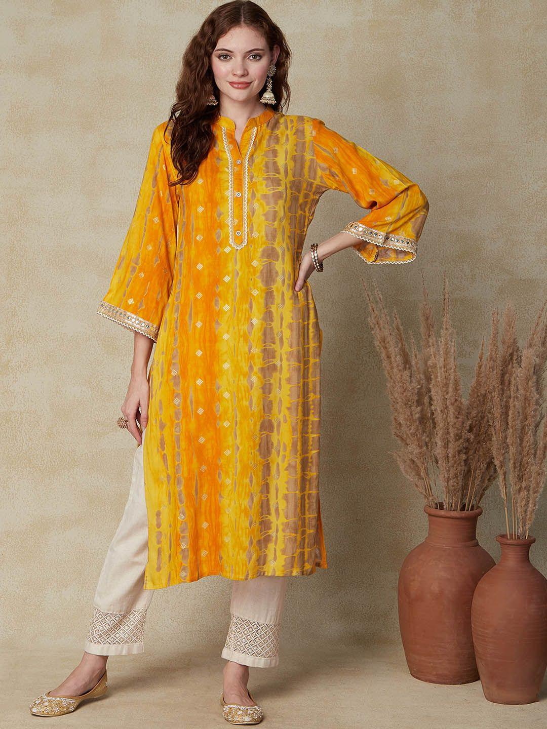 fashor abstract printed mandarin collar flared sleeves straight kurta