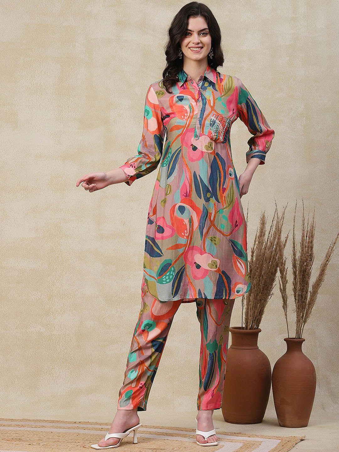 fashor abstract printed regular straight kurta with trousers