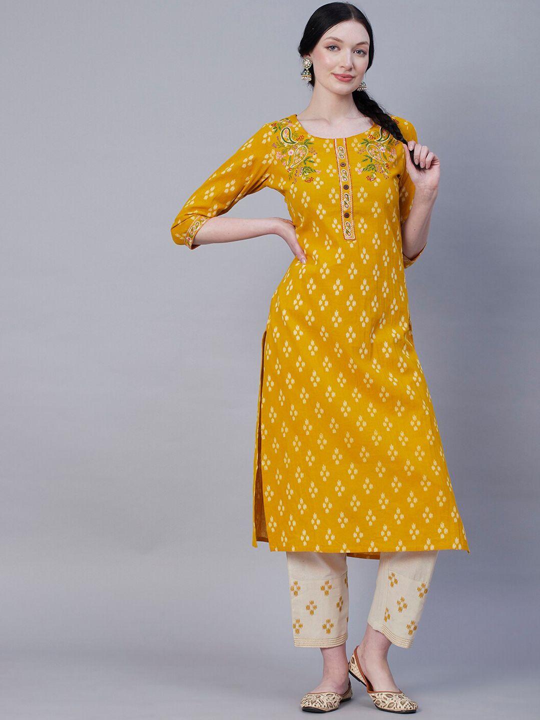 fashor abstract printed resham thread work pure cotton kurta with trousers