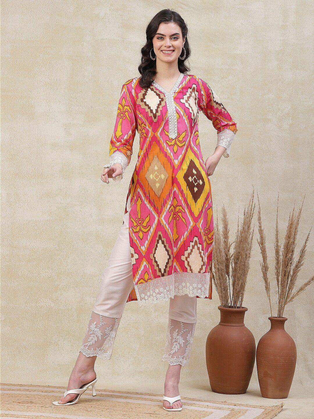 fashor abstract printed sequinned laced up straight kurta