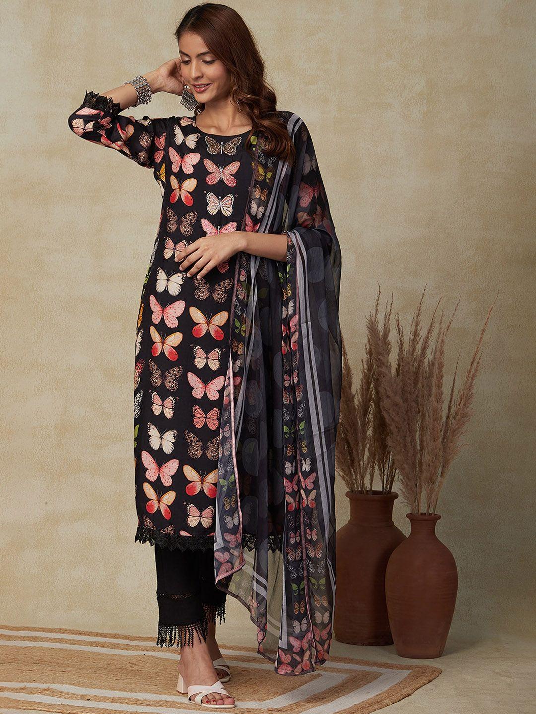 fashor abstract printed silk beads & stones kurta with dupatta