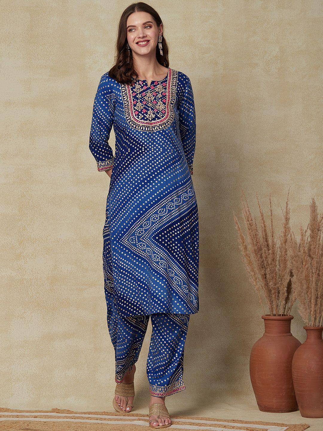 fashor bandhani printed regular thread work kurta with trousers