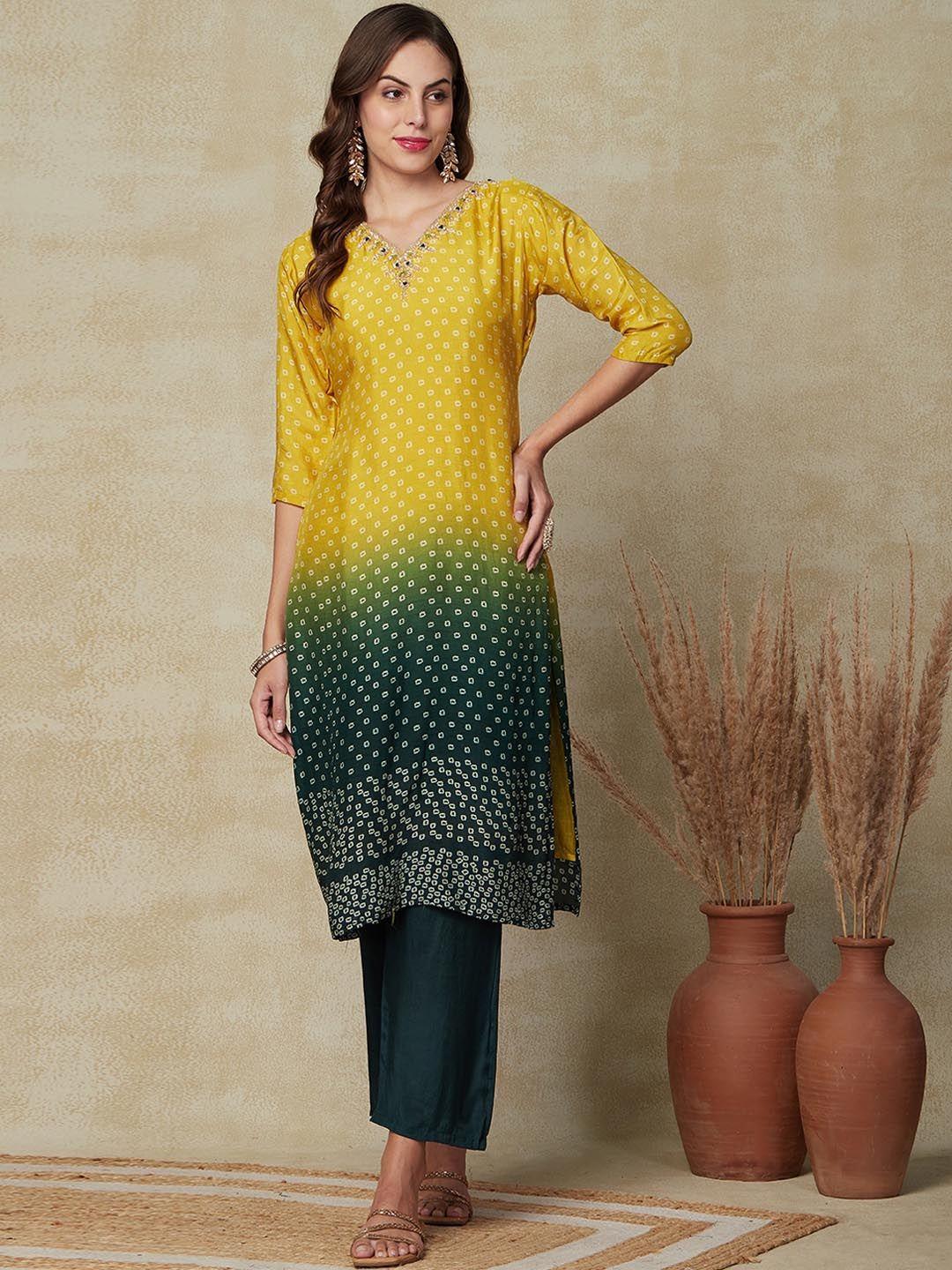 fashor bandhani printed regular zardozi kurta & trousers with dupatta